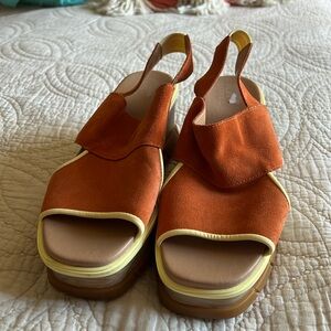 Sorel Orange and yellow wedge sandals.  Size 10